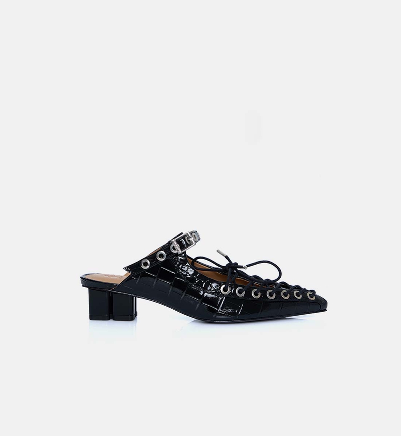 Croco Eyelets Lace-up Mules