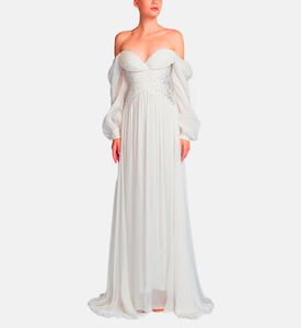 Michael Cinco Rhinestone-embellished Puff Sleeve Maxi Dress, White, M, Model View