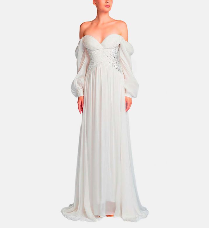 Michael Cinco Rhinestone-embellished Puff Sleeve Maxi Dress, White, M, Model View
