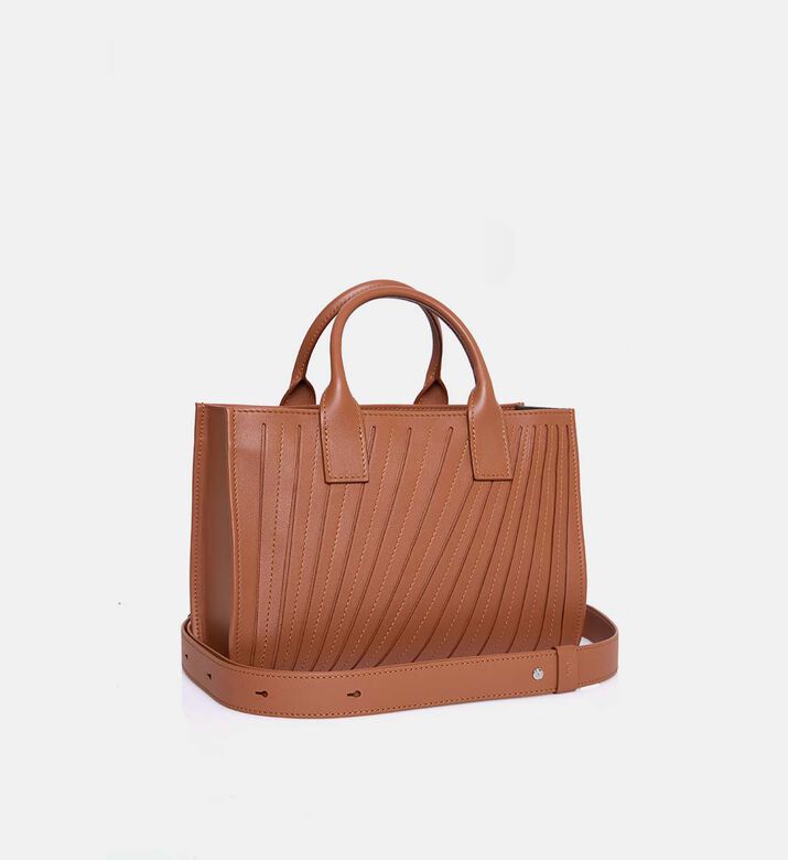 Camille Fournet Signature Calf Leather Pleated Midi Tote Bag, Brown, Packshot View