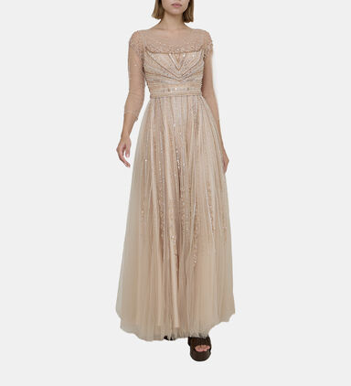Sequin Bead Embellished Flared Tulle Dress
