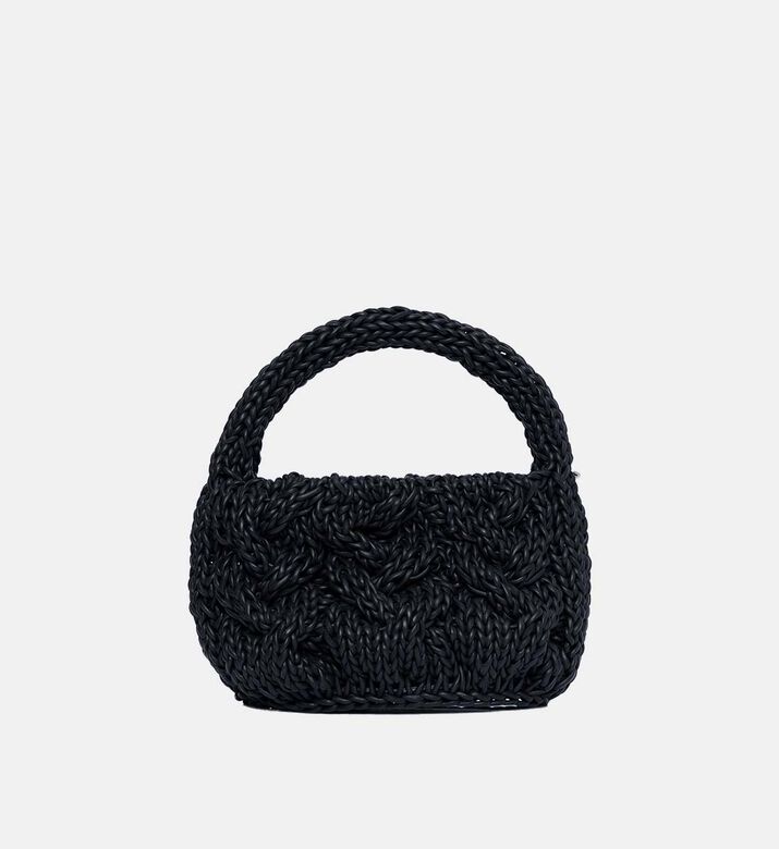 Leather Drawcord Cable Knit Bag