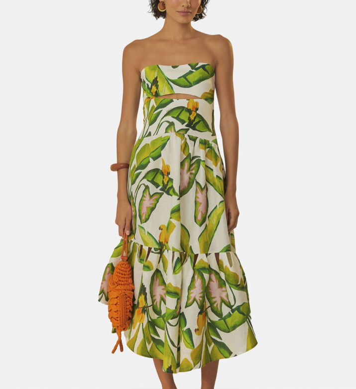 Summer Foliage Strapless Midi Dress