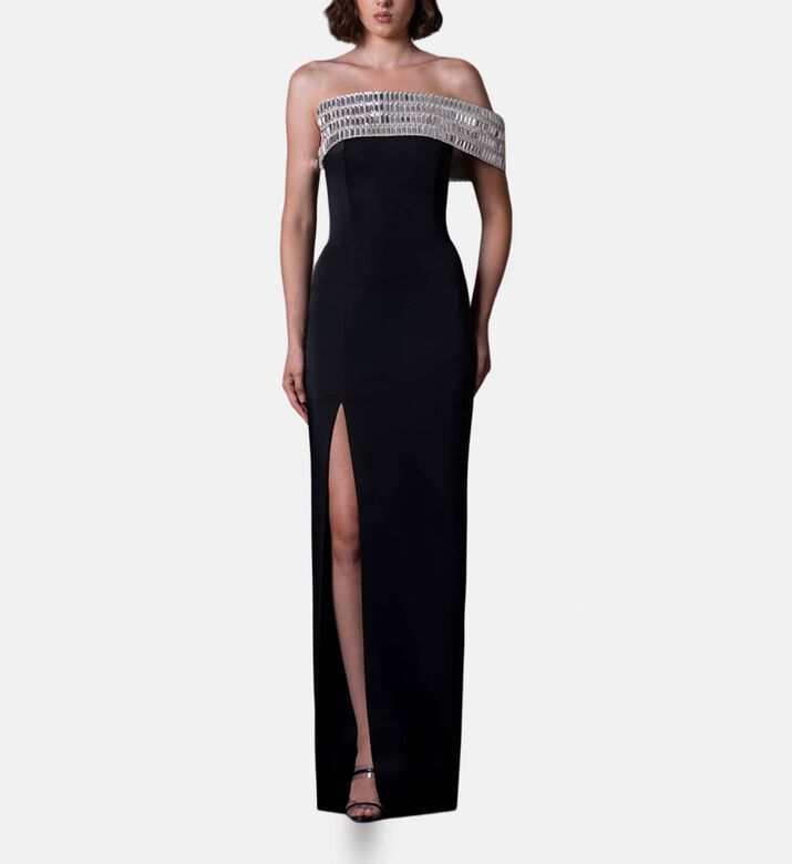Jean Louis Sabaji Crystal-embellished Side Slit Gown, Model View