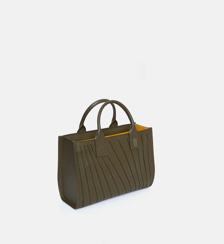 Camille Fournet Signature Calf Leather Pleated Midi Tote Bag, Khaki, Packshot View