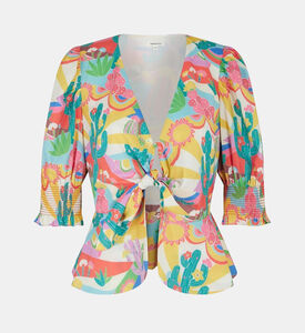 بلوزة بطبعة نخيل ربيعية برباط إغلاق