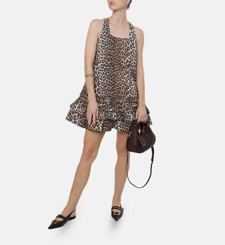 Ganni Cotton Leopard-print Mini Dress, Model View Ganni Cotton Leopard-print Mini Dress, Model View