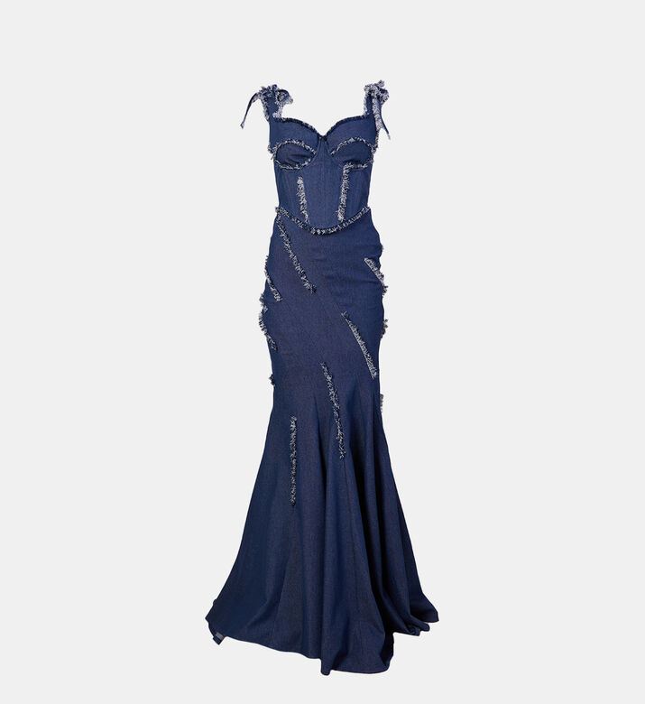 Frayed-detailed Long Denim Dress