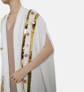 Dalia Al Azem Floral-embroidered Gold-foil Striped Open-front Abaya, Model View