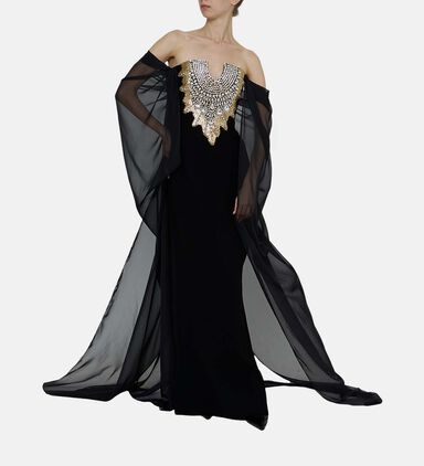 Sheer Draped Sleeves Flared Dress
