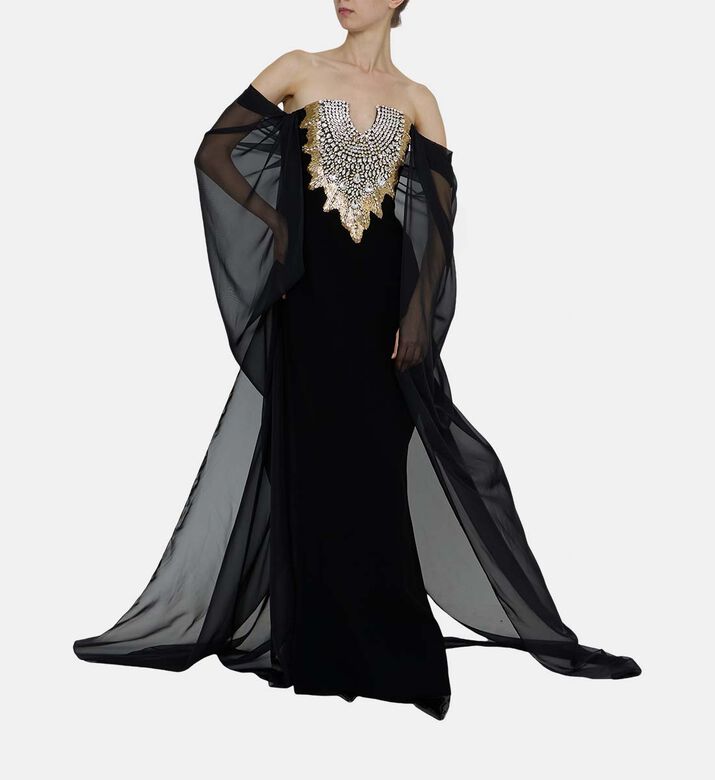 Sheer Draped Sleeves Flared Dress