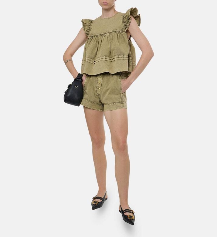 Ganni Cotton Ruffle Sleeve Top, Model View Ganni Cotton Ruffle Sleeve Top, Model View
