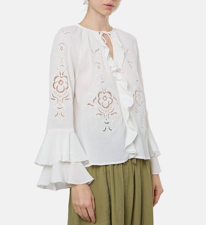 Ba and Sh Floral-embroidery Long-sleeve Blouse, Off-white, S, Model View