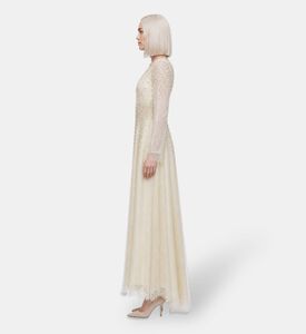 Suzy Matar Pearl-embellished Lace Evening Gown, Model View