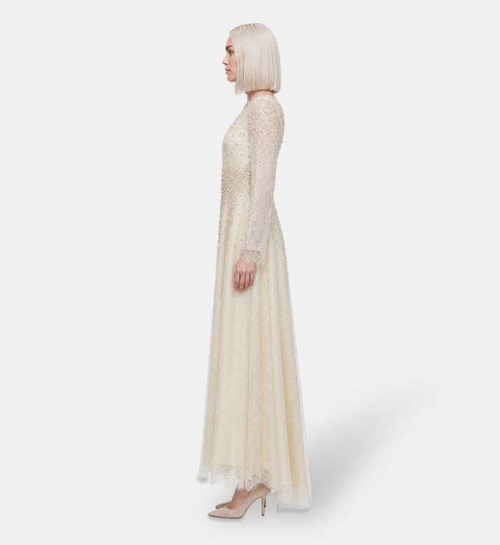 Suzy Matar Pearl-embellished Lace Evening Gown, Model View
