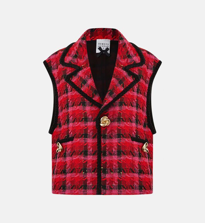 Plaid Tweed Sleeveless Blazer