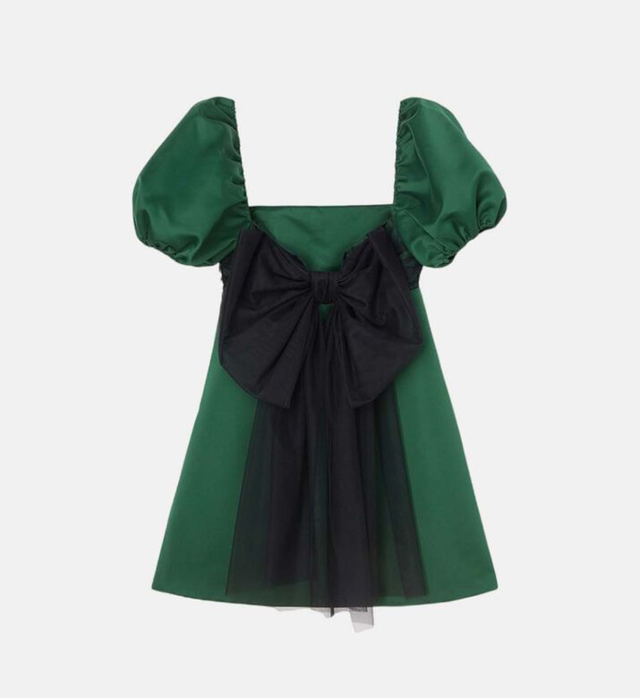 Green-with-navy Puffy Sleeves Dress Green-with-navy Puffy Sleeves Dress