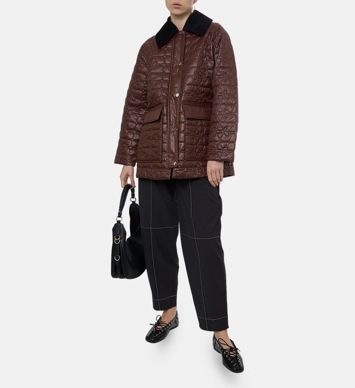 Ganni Quilted Button Closure Midi Jacket, Model View Ganni Quilted Button Closure Midi Jacket, Model View