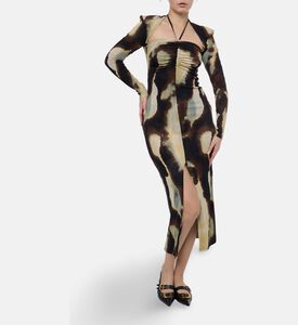 Nanushka Aponi All-over Abstract Camouflage Ruched Maxi Dress, Model View