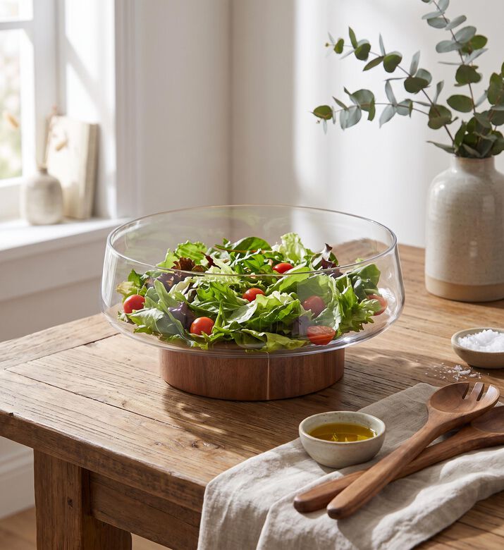Estia Glass Salad Wooden Base Bowl, Model View