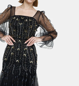 Rhinestone Embellished Flared Tulle Dress
