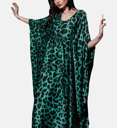 Leopard Pattern V-neck Flared Kaftan