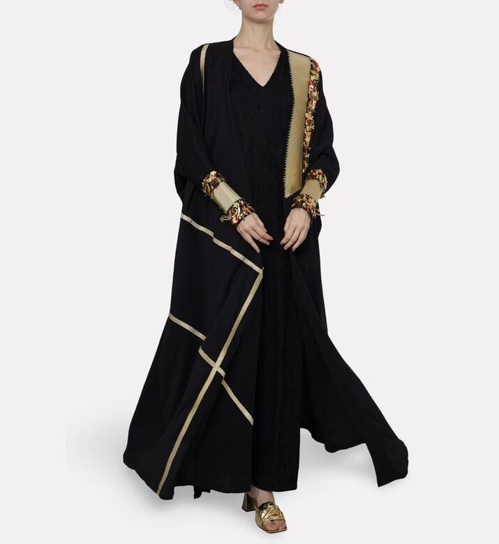 Dalia Al Azem Diagonal Gold-taping Sequined Abaya, Model View