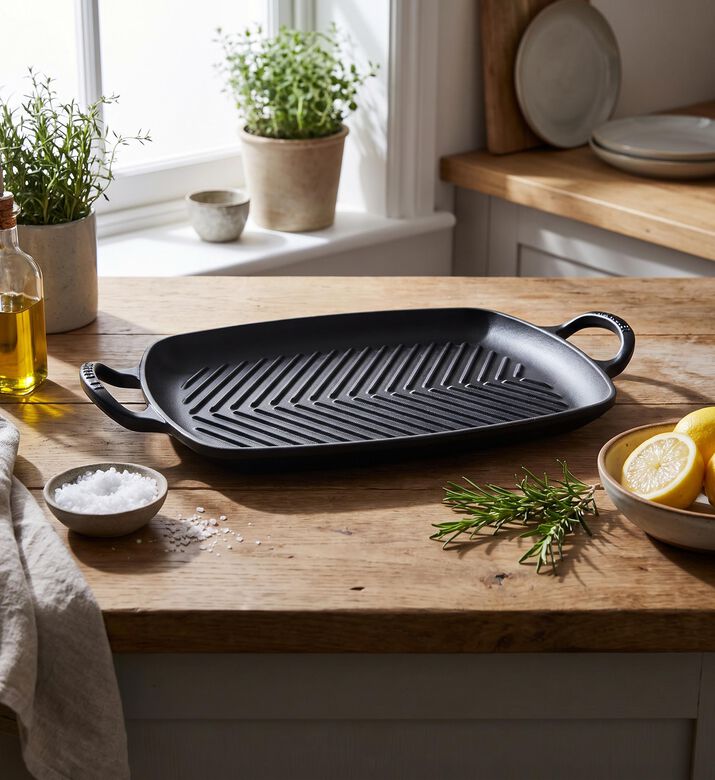 Le Creuset Shallow Iron Rectangular Grill, Black, 30x27-cm, Model View