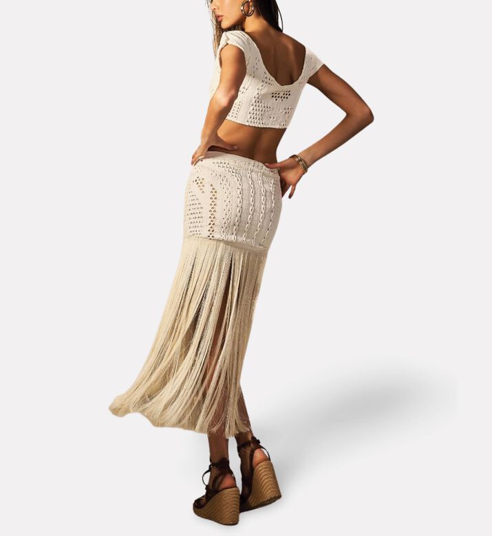 Empress Fringe Detail Crochet Skirt, Model View