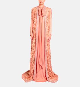 Michael Cinco Floral-embroidery Cape Flared Dress, Light-brown, Xl, Model View