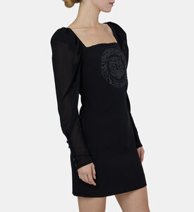 Rhinestone Logo Puffed Sleeve Mini Dress