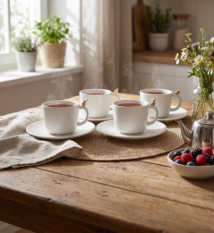 Home Deco and More Bird Coll 4-piece Tea Cup Saucer Set, White, Model View