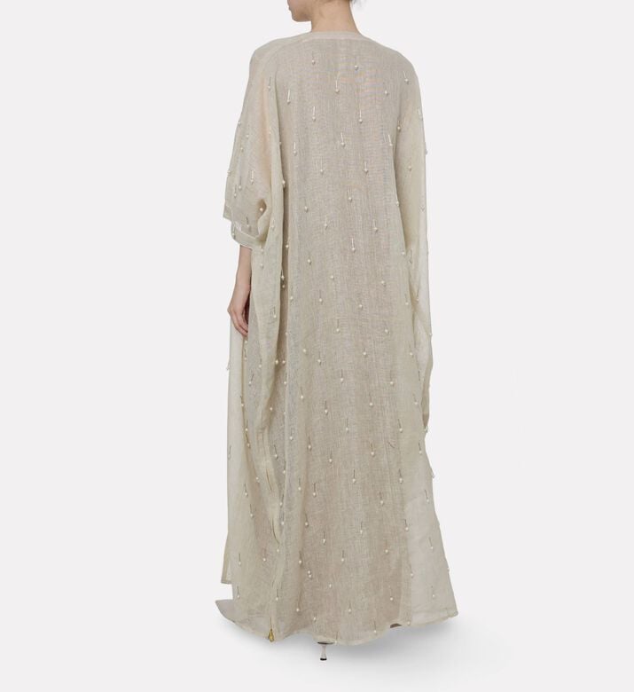 By Febe Sheer Linen Pearl Embellishment Abaya, Model View