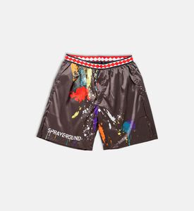 شورت سباحة مطاطي بطول متوسط وطبعة ألوان متناثرة