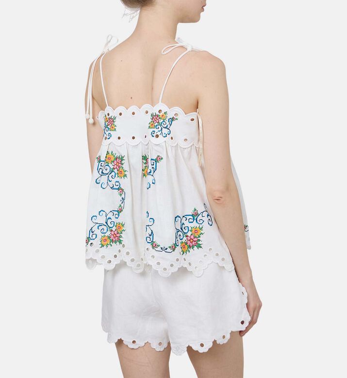 Embroidered Eyelet Tie-shoulder Top