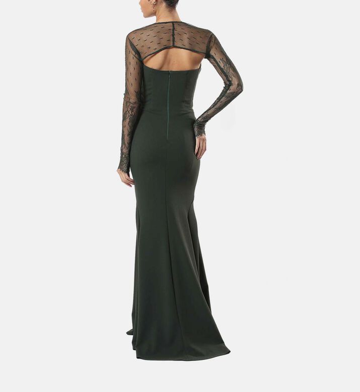 Button Front Sheer Lace Sleeves Fishtail Gown
