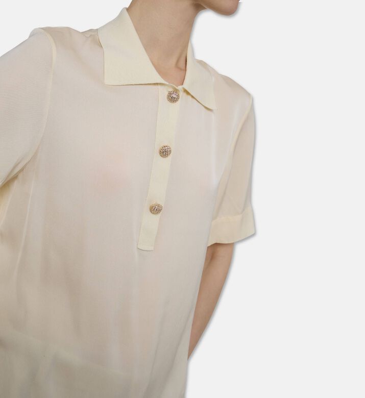 Edward Achour Paris Knitted Short-sleeve Polo Top, Ivory, 40, Model View