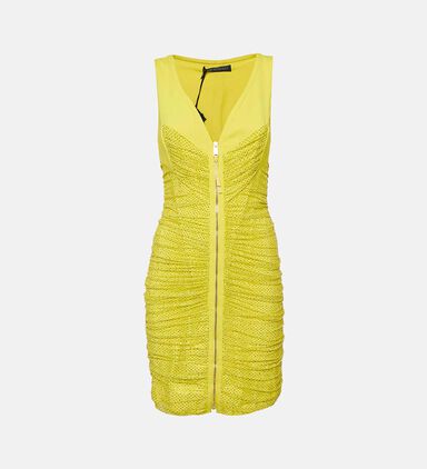 Versace Yellow Embellished Tulle Jersey Ruche Mini Dress Preowned