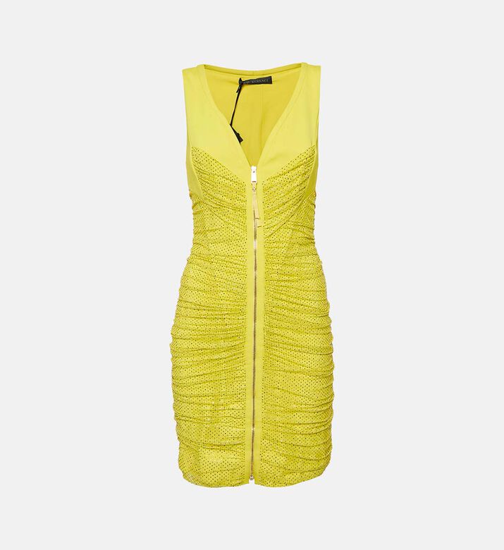Versace Yellow Embellished Tulle Jersey Ruche Mini Dress Preowned
