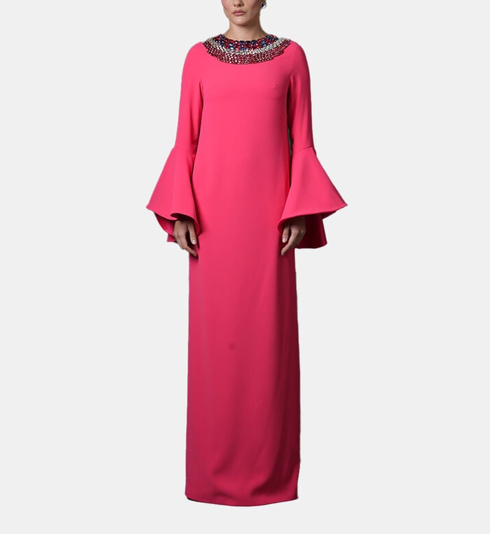 Bell-sleeve Embroidered Neck Kaftan