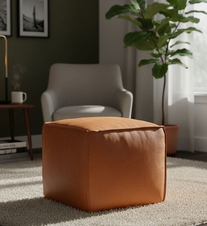 Home Deco and More Cuby Suede Leather Square Pouf, Terracotta, Packshot View Home Deco and More Cuby Suede Leather Square Pouf, Terracotta, Packshot View