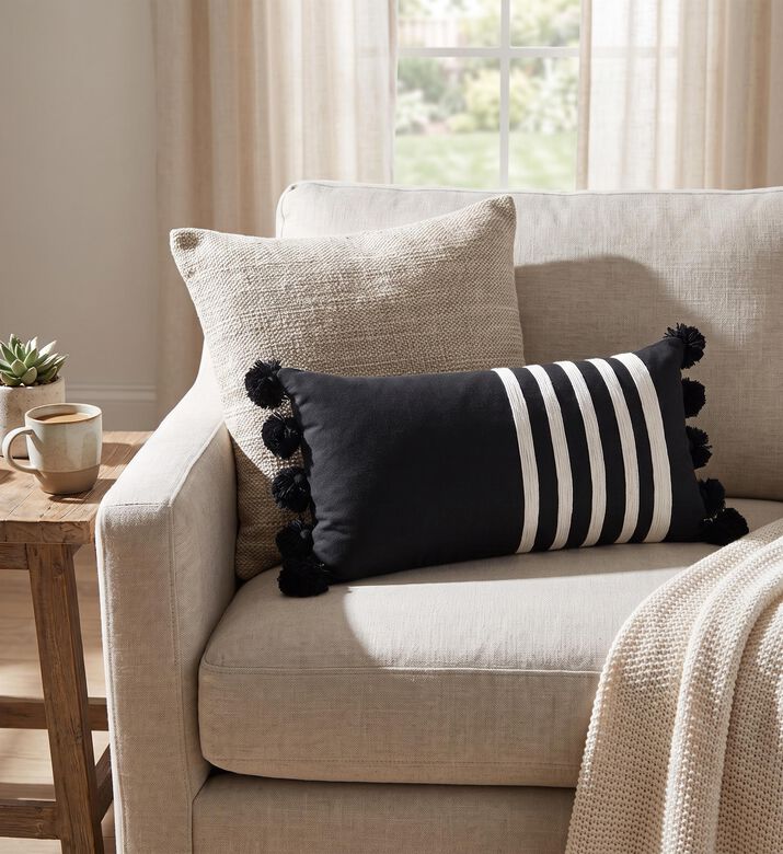 Home Deco and More Wilson Pompoms Trim Cushion, Black, 30x50x30-cm, Packshot View