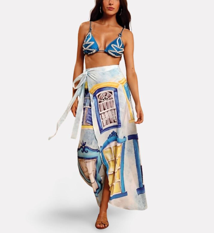 Karla Vivian Colorful-print Side Tie Wrap Skirt, Model View