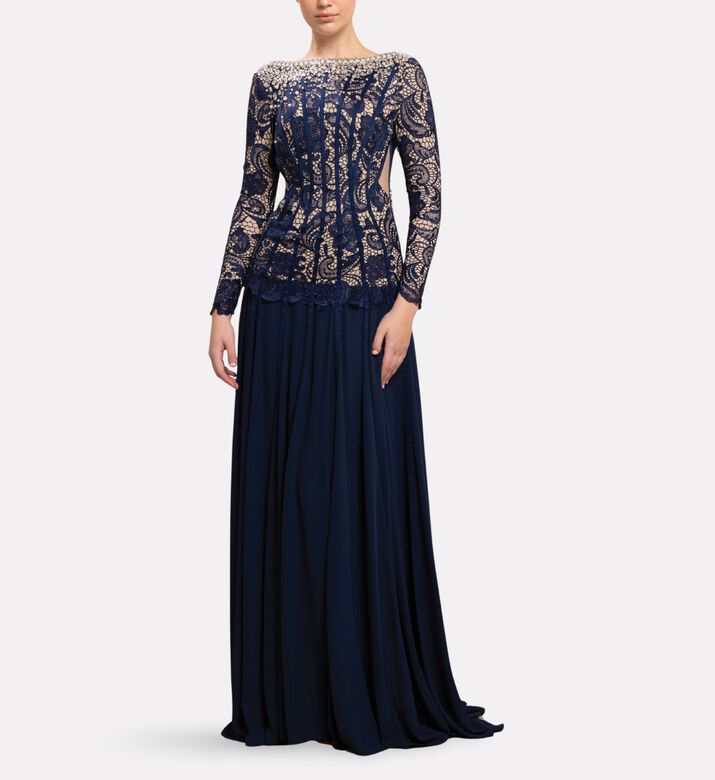 Michael Cinco Corset Lace Long Dress, Model View