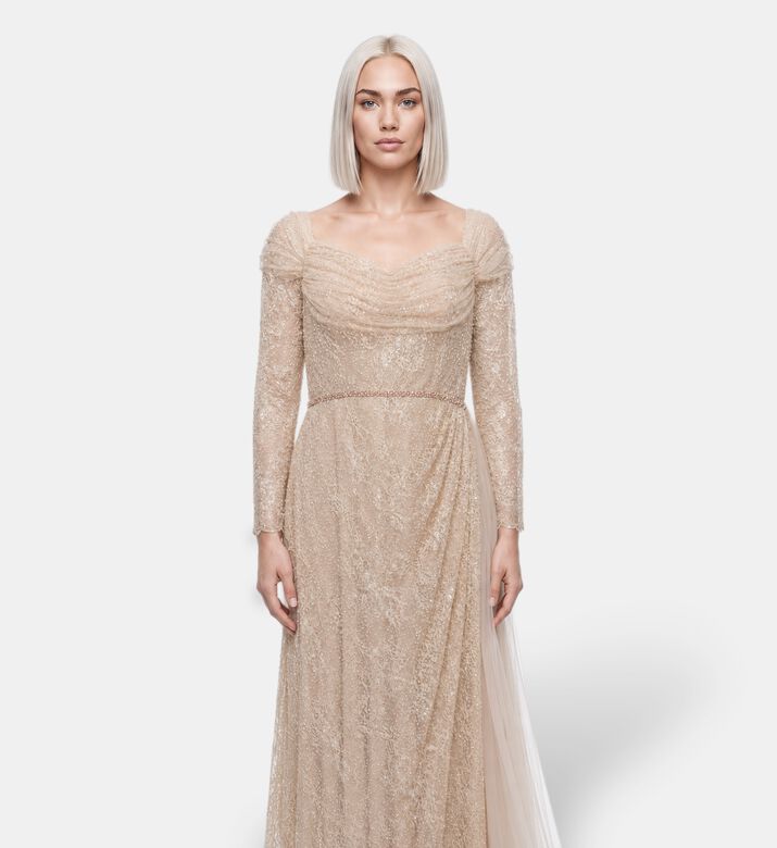 Suzy Matar Lace Draped Evening Gown, Model View