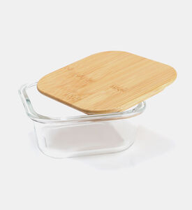 حاوية زجاجية مربعة بغطاء من الخيزران