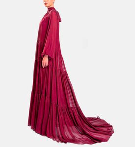 Michael Cinco Long-sleeve High Neck Flared Dress, Burgundy, Model View