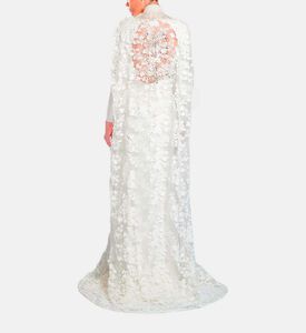 Michael Cinco Floral-embroidery Cape Flared Dress, White, Xl, Model View