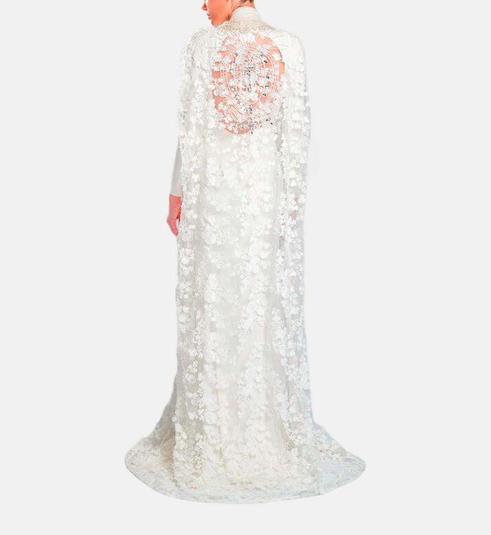 Michael Cinco Floral-embroidery Cape Flared Dress, White, Xl, Model View