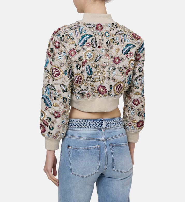 Floral-embroidery Beaded Bomber Jacket